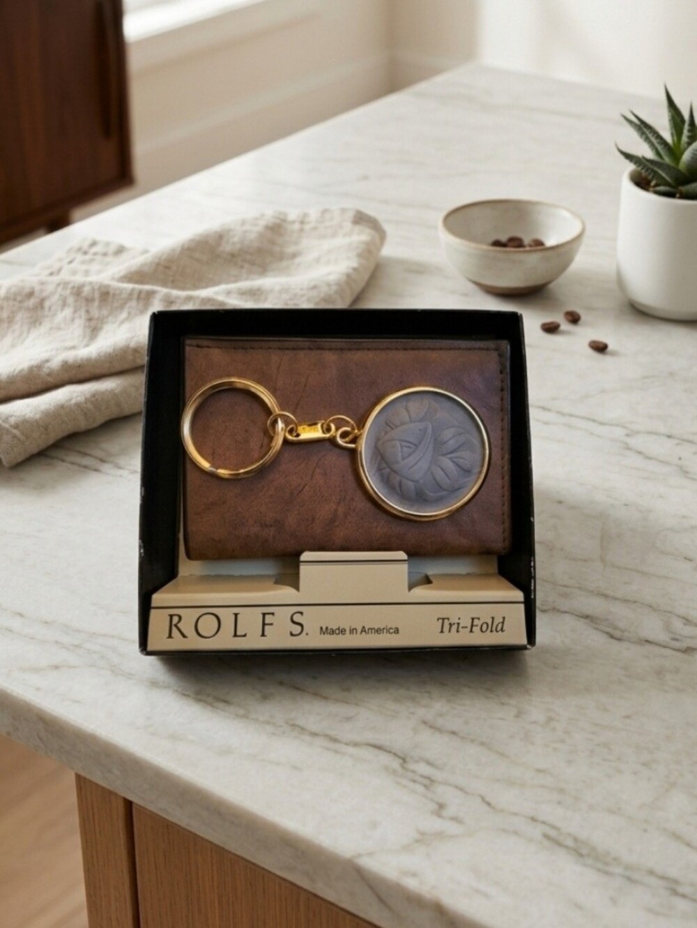 Vintage Rolfs Brown Leather Tri-Fold Wallet and Keychain Gift Set in Box